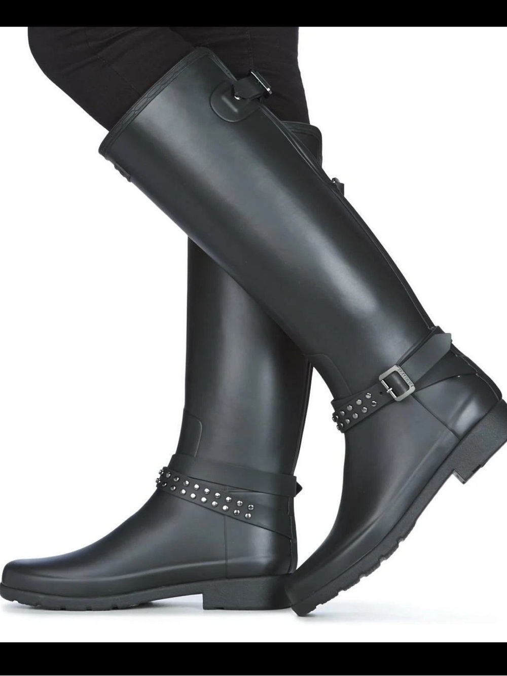 Hunter Refined Black Studded adjustable tall Rain Boots